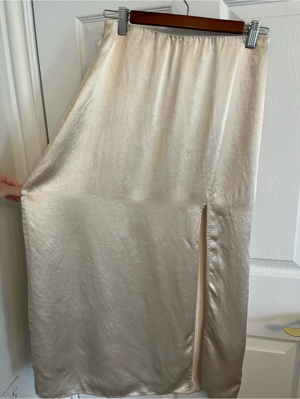 Babaton Satin Maxi Skirt in Light Cream with Side Slit - Picture 4 of 8